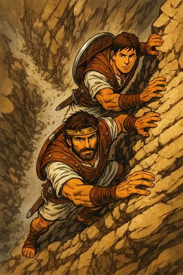 Two warriors climbing a rocky cliff