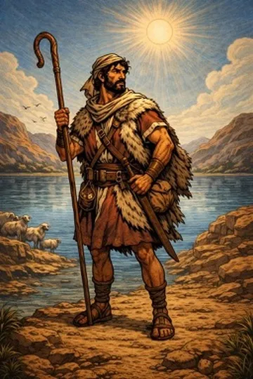 A shepherd with a staff standing beside the water