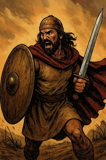 A bearded warrior charging with sword and round shield