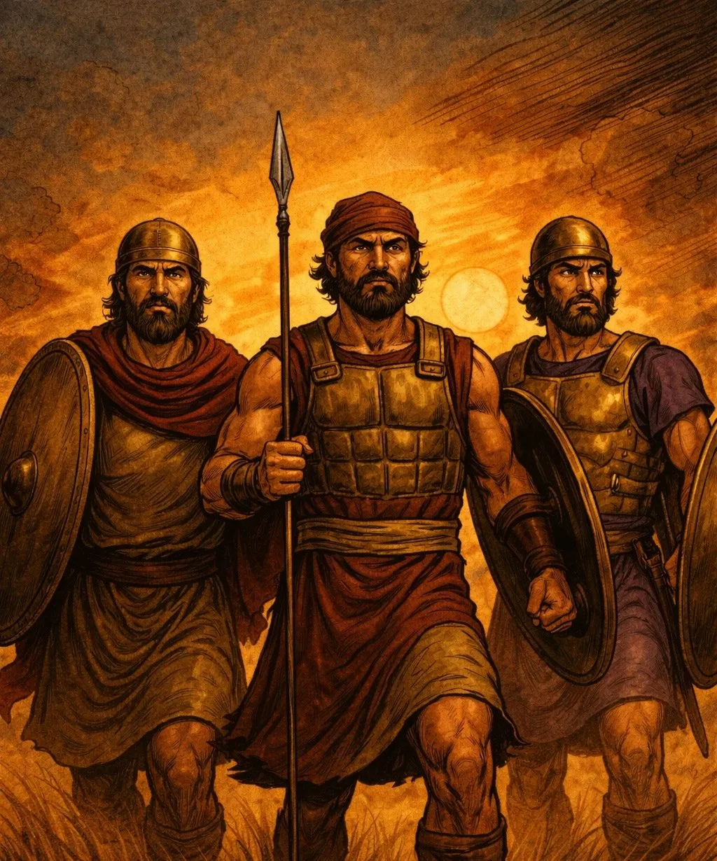 Color illustration of three of David's mighty men in armor