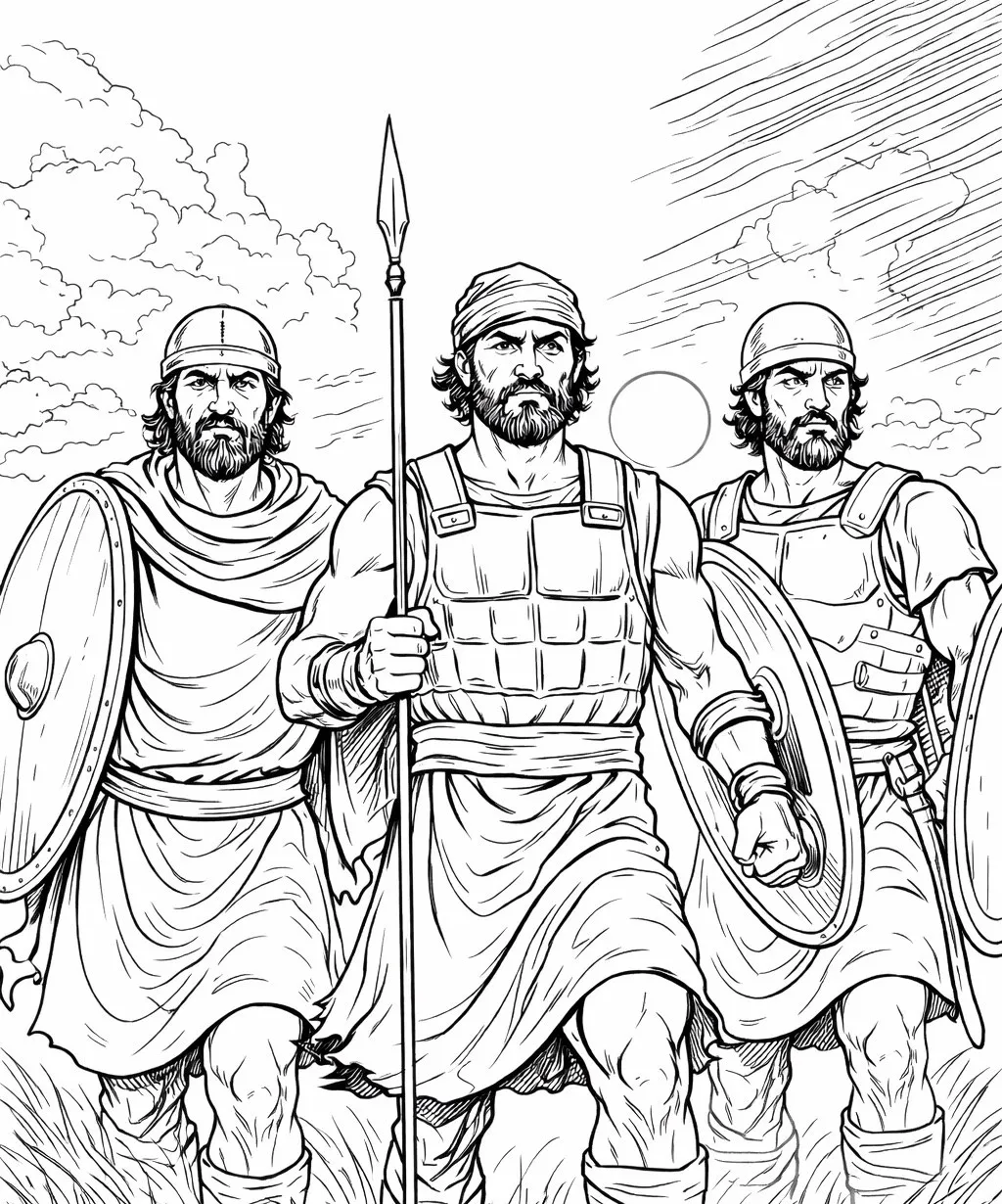 Black-and-white line art of David's mighty men, coloring page style