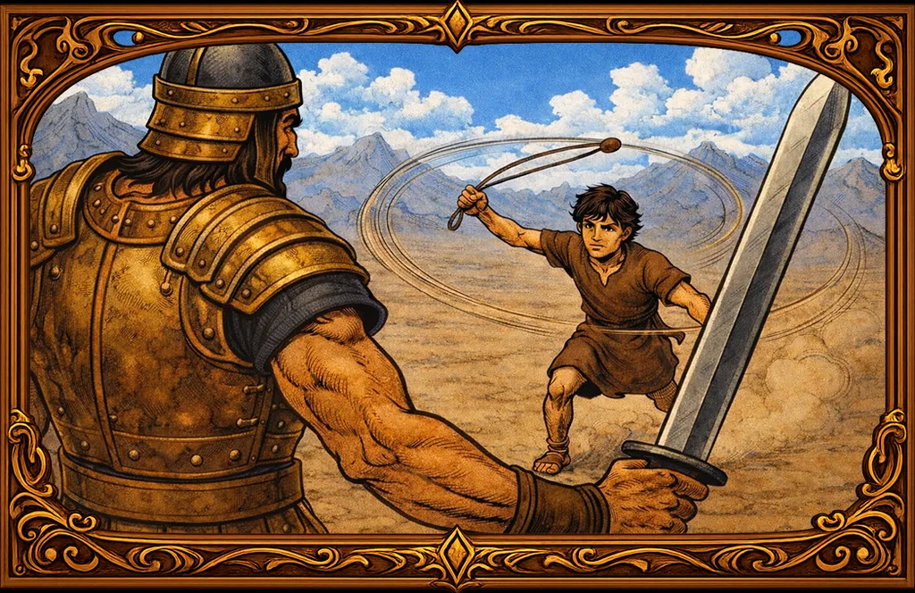David with his sling facing Goliath