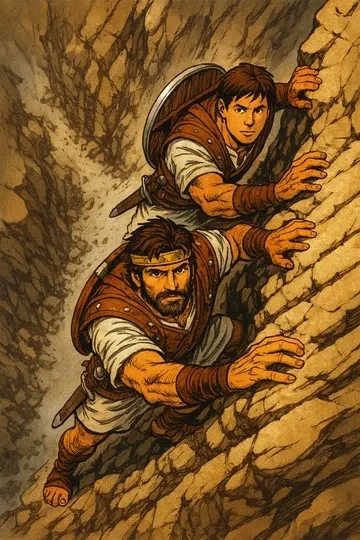 Jonathan and his armourbearer climbing a rocky cliff on hands and feet